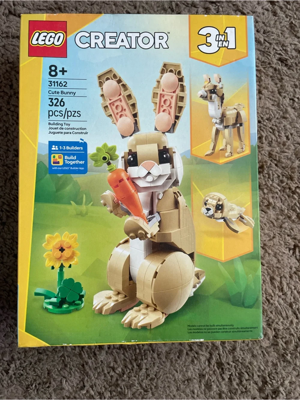 LEGO Tan and White Bunny with Orange Carrot and Green Plant